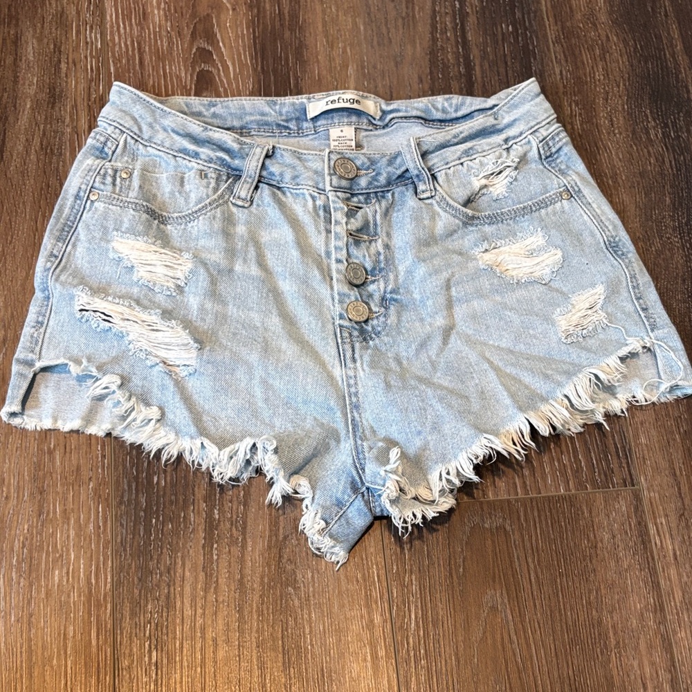 Refuge Light Blue Distressed Denim Shorts